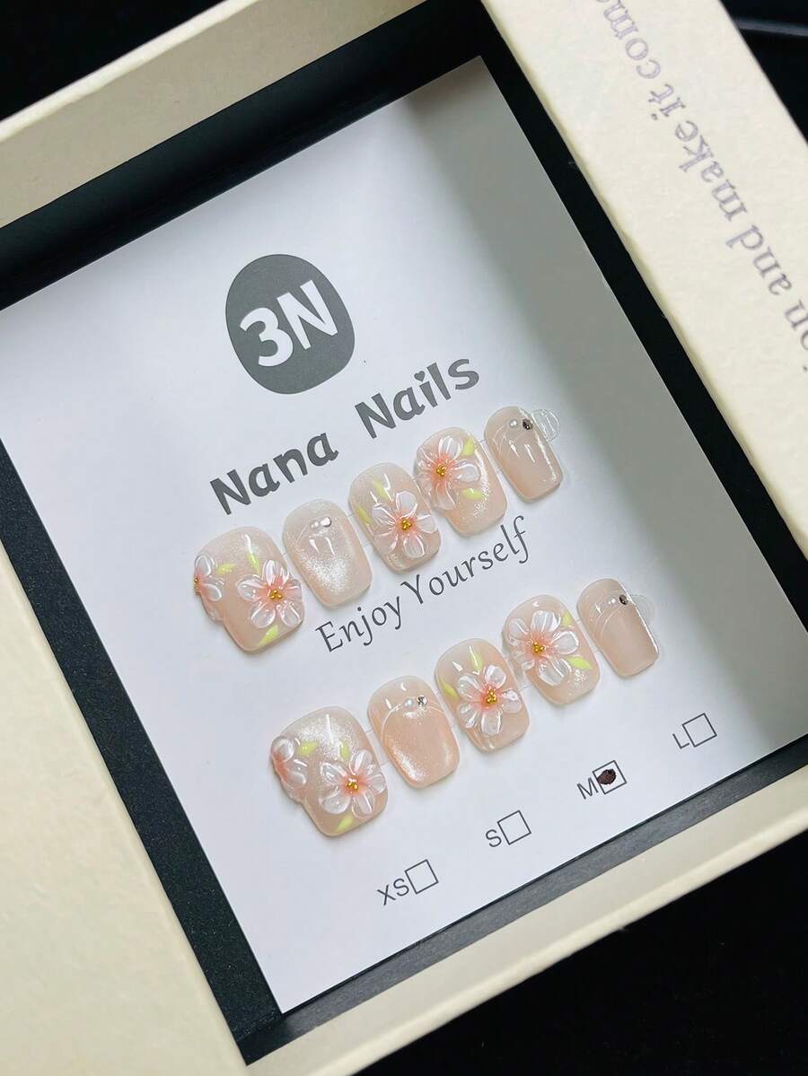 1package/10pcs-Romantic 3D Floral Nude Wearable Nails With Glitter & Rhinestones - Baby Pink - View 1