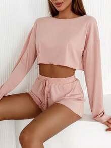 2pcs Women's Solid Color Homewear Set, Ribbed Cropped Long Sleeve Top And Shorts, Suitable For Outdoor Wear - Pink - View 4