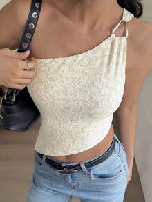 女士无袖露背短款上衣，梭织面料，常规长度，可爱休闲夏季款式 - 杏色 - 查看 8