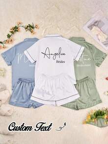 1 bộ đồ ngủ croptop cô dâu tùy chỉnh cá nhân hóa, có thể tùy chỉnh tên và ngày tháng, chất liệu vải satin, đồ ngủ màu hồng với họa tiết kim sa vàng, kiểu dáng thường ngày, tùy chỉnh theo yêu cầu. - Nhiều màu - Xem 5
