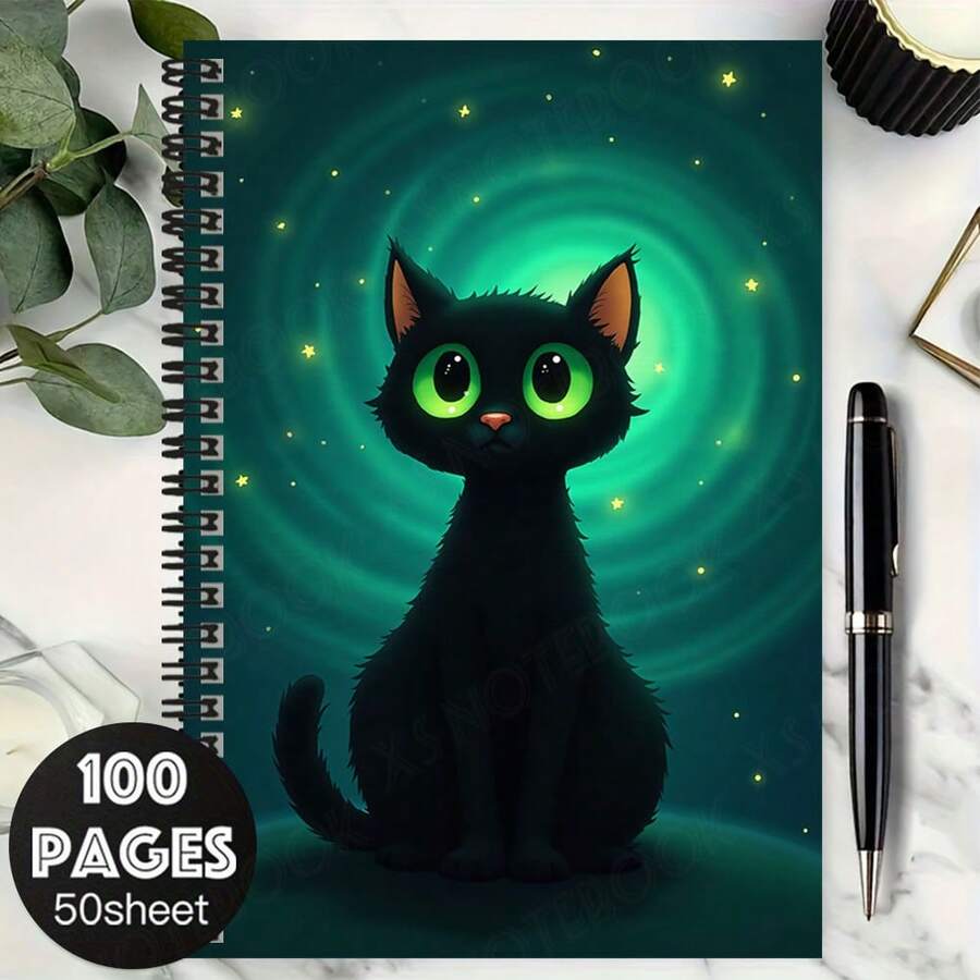 100-Page Spiral Notebook With Dreamy Starry Sky & Black Cat Theme. The Cover Features A Black Cat With A Green Halo And Stars, Which Is Cute And Mysterious. Suitable For Work Records, Study Notes, Daily Diaries, And Also Makes A Thoughtful Graduation Or Birthday Gift. A Great Companion For Memos And Daily Planning. - E - View 1