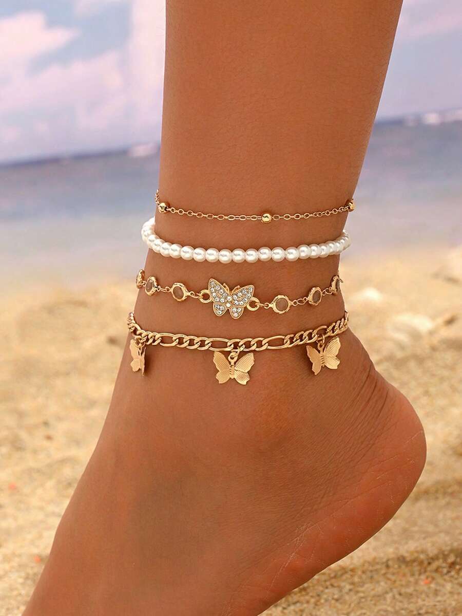 4pcs Delicate Butterfly Pendant, Crystal & Faux Pearl Beaded Anklet Set, Bracelet Jewelry For Girls - Multicolor - View 1