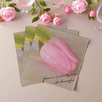 20sheets/Pack,Pink Tulip Floral Paper Napkins,Unfold 13*13'',2-PLY,For Anniversary,Wedding,Birthday,Holiday&Festive, Picnic,Restaurant, Coffee And Dessert Shop,Spring Decorative Party Tissues Paper