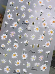 2片装白色雏菊和蜜蜂图案自粘美甲贴纸，优雅白色花叶装饰贴纸，逼真植物贴花，适用于春夏美甲沙龙、女士和女孩 - 彩色 - 查看 5
