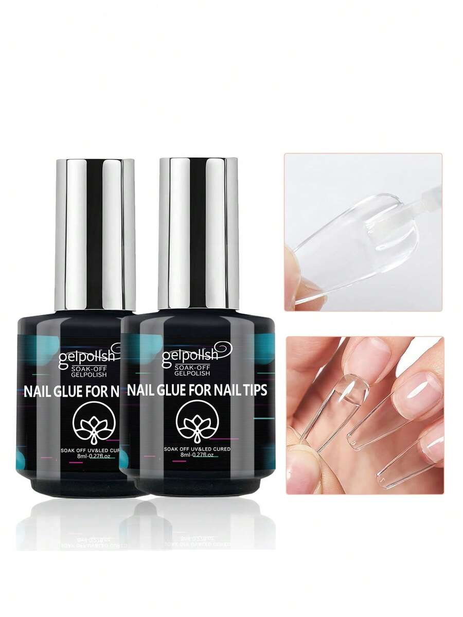 GELPOLISH 2支装美甲胶水刷头，适用于甲片、假指甲和美甲，超强持久的亚克力美甲胶水和凝胶需UV/LED灯固化。