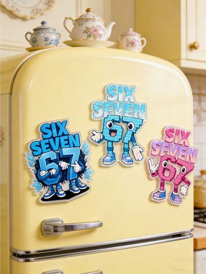 “Six Seven 67”亚克力冰箱贴，复古像素风冰箱贴纸，趣味厨房装饰，适用于冰箱和储物柜，是家居和办公室装饰的理想之选，适合儿童、收藏家、复古游戏爱好者和送礼者，是复活节、生日、日常装饰和送礼的完美之选，采用耐用亚克力材质，用途广泛，可用作冰箱装饰、储物柜磁贴，也是送给朋友的怀旧礼物。