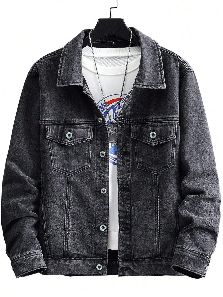 2026 New Spring/Autumn Men's Washed Denim Jacket, Casual Street Style Thick Denim Outerwear - Black - View 1