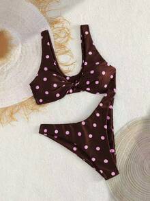 女士优雅印花扭结细肩带开衩比基尼泳衣，甜美性感沙滩度假两件套夏季 - 彩色 - 查看 6