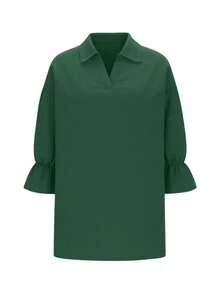 Blusa de mujer talla grande de unicolor con cuello y mangas abullonadas - Verde - Ver 4
