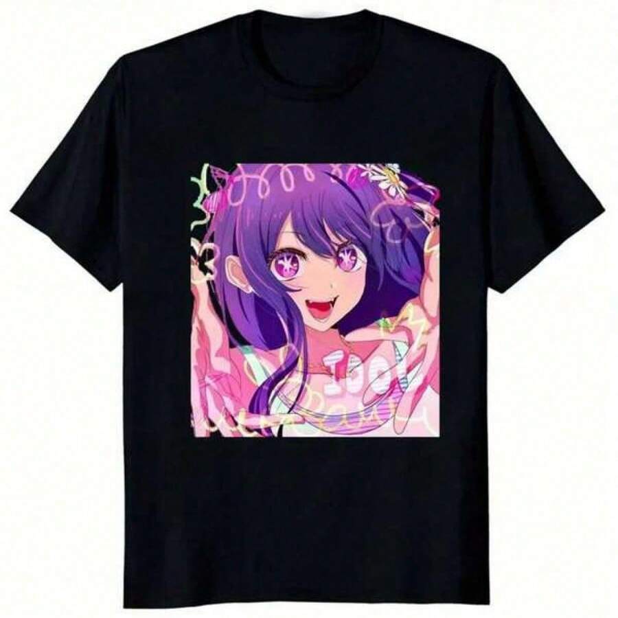 Janpanese Anime T-Shirt - Unisex Style Valentines Day Ropa De Hombre Summer 2000s Style Y2k Sweet Ai Hoshino Oshi No Ko - 黑色 - 查看 1