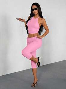 AITYI Studio 女士套装，修身休闲纯色吊带露背设计，时尚性感修身，Y2K 街头风，通勤居家百搭，适合海滩派对、乡村度假等场合，也适合假日、毕业典礼、狂欢节、复活节、音乐节等夏季穿着。吊带背心搭配七分裤针织两件套。 - 粉色 - 查看 4
