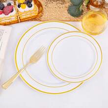 20件套金色可重复使用塑料餐具套装，包含可清洗的盘子和碗，适用于派对、餐饮、晚宴、婚礼等场合。 - 金色 - 查看 6