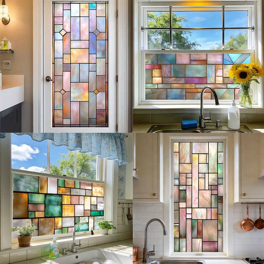 1/5pcs Set Static Frosted Glass Film, 3D Textured Colorful Block Privacy Blocking Anti-UV Removable Glass Sticker, Suitable For Bathroom, Kitchen, Living Room Glass Doors