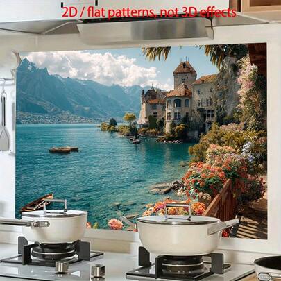 1 قطعة ملصق حائط مسطح ثنائي الأبعاد يتميز بأنماط من الخلجان والمدن والجبال والقوارب والزهور. مصنوع من مادة PVC لاصقة ذاتيًا ، سهل التركيب ، سهل التنظيف ، ومقاوم للزيت. مناسب لتزيين الجدران في غرف الطعام وغرف المعيشة والمطابخ