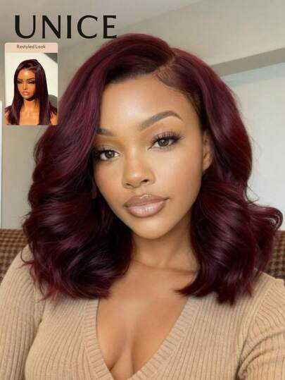  100%真人发假发，黑樱桃色，告别打结，7x5蕾丝无胶波波头抽绳水波纹假发，色泽浓郁亮丽，层次剪裁，预漂白打结，透气帽，适合所有头围，透明蕾丝，新手友好，Unice Hair