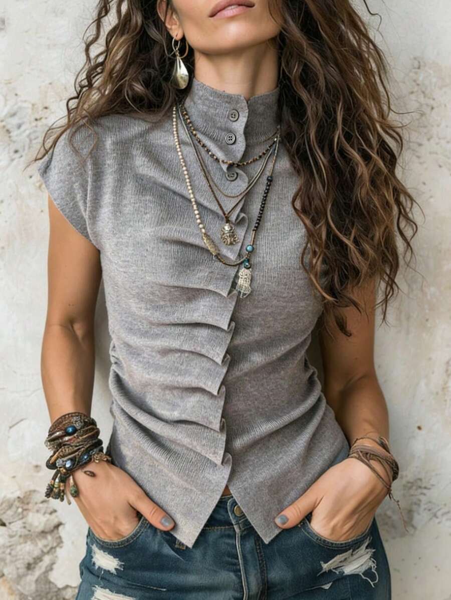 MOOSGOP Women's Summer Collection: Elegant, Casual, Versatile, Fashionable, And Office-Ready. Gray Pleated Button-Down Fitted Sleeveless Knit Top. Summer Outfits For Women - Grey - View 1