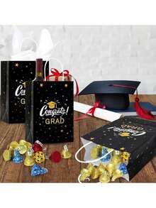 5 piezas Bolsas de tela reutilizables negras para graduación, con impresión dorada "Felicitaciones Graduado", adecuadas para graduados de universidad y escuela secundaria, bolsas de favor para fiesta de graduación, bolsas para transportar dulces y aperitivos, regalo de graduación y decoración del hogar - Múltiples estilos - Ver 5