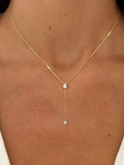 女士套索项链，精致长款镀金项链，14K镀金水滴形立方氧化锆Y形吊坠项链，可爱长款项链，女士舞会珠宝礼物
