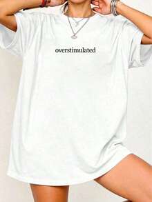 Oversized Women's Casual Overstimulated Graphic Short Sleeve T-ShirtNew Stylish T-Shirt,Summer Outfits For Women,Vacation Outfits Women,Summer Clothes,Spring Outfits For Women,Summer Tops,Festival Outfits,Easter Outfit Women - 白色 - 查看 11