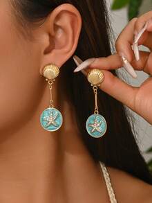 1 Pair Fashionable & Elegant Enamel Starfish & Shell Rhinestone Pendant Earrings, Ocean Style Versatile For Work, Vacation, Beach - Multicolor - View 1