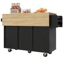 Îlot de cuisine noir avec rangements extensibles : Armoires, tiroirs et support à encas – Multifonctionnel - Noir + MDF + Métal - Voir 10