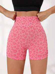 Sport Seamluxe Leopard Scrunch Butt Tummy Control Sports Biker Shorts Stretchy Shorts - Pink - View 2