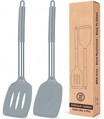 Pack Of 2 Silicone Solid Turner, Non Stick Slotted Kitchen Spatulas, High Heat Resistant  Cooking Utensils, Ideal Cookware For Fish, Eggs, Pancakes(Black)