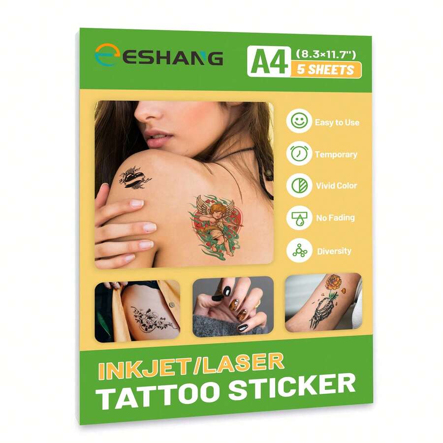 5 hojas de papel de transferencia de tatuajes, compatible con todas las impresoras láser e inyección de tinta, crea tus propios tatuajes temporales personalizados en la piel