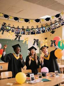 11件套毕业季横幅套装，包含1条毕业照横幅、1条星形毕业帽纸质横幅、8个黑金色蝴蝶结和1卷32.8英尺长的绳子。祝贺毕业生横幅，毕业派对彩旗套装，适用于2026年毕业季装饰。 - 彩色 - 查看 5