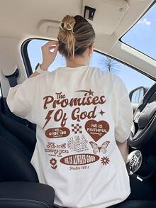 Camiseta moderna para mujer, ideal para ir al trabajo, con mangas cortas, cuello redondo y estampado de letras en inglés. - Blanco - Ver 1