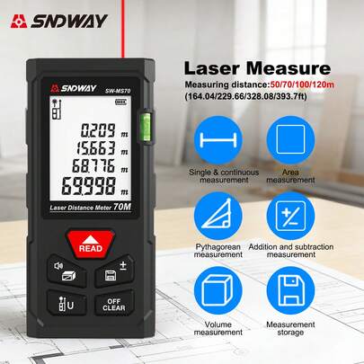SNDWAY Máy đo khoảng cách laser cầm tay 50/70/100/120m, có chức năng chuyển đổi đơn vị inch/feet, màn hình LCD có đèn nền hiển thị khoảng cách/diện tích/thể tích/đo định lý Pythagoras.