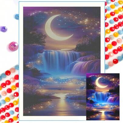 1pc Diamond Painting Kit, Dreamlike Waterfall Landscape Under Moonlight Pattern, Full Round Artificial Acrylic Diamonds, Mosaic Numeric Crafting Art, Suitable For Adult Beginners, Frameless Diamond Painting Set, Holiday Gift, Home Wall Decor, Art Enthusiasts