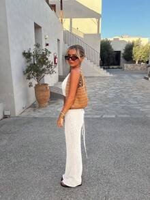 Vivid Style Women's Elegant Vacation, Party, Birthday, Versatile, Hollow Sexy, Fashion, Romantic Tie-Up Beach Knit Maxi Dress Set, Date Outfit, Summer Maxi Dress - Apricot - View 4