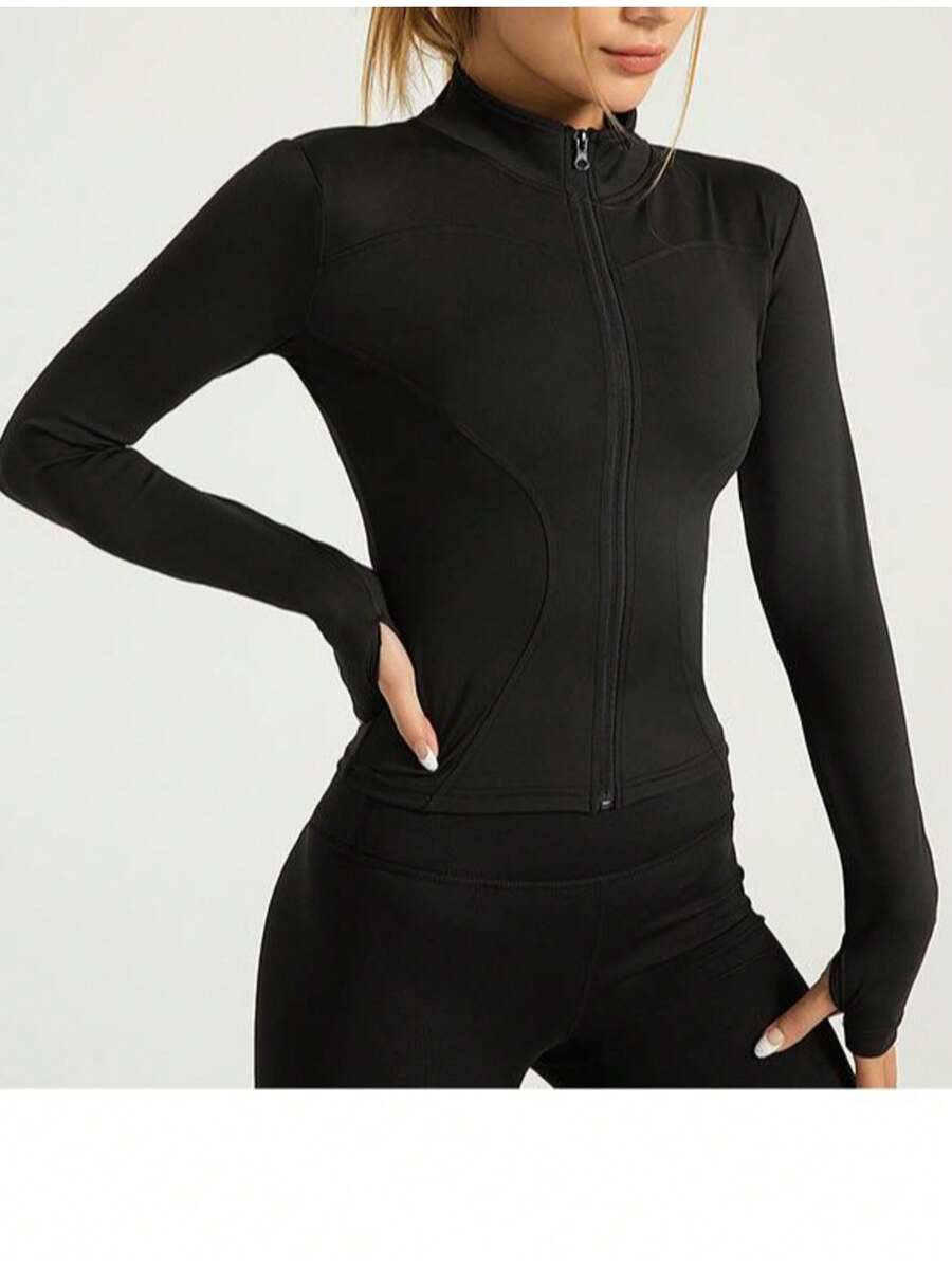Women's Slim Fit Fitness Jacket With Zipper And Long Sleeves For Gym, Yoga, Running, And Workout. - 黑色 - 查看 1
