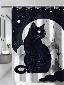 1pc Cat Moon Shower Curtain With Black Cat Silhouette, Crescent Moon, Floral And Butterfly Patterns, Mysterious Design, 70.8x70.8 Inches, With 12 Hooks - C - View 7