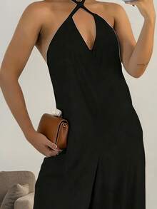 Women's Elegant Casual Halter Backless V-Neck Jumpsuit Black - Black - View 2