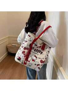 SANRIO Túi tote vải canvas chủ đề Hello Kitty cổ điển, nền màu be với họa tiết hoạt hình đen và đỏ in khắp bề mặt, túi đeo vai dung tích lớn, túi xách tay, đa năng cho đi làm và sử dụng hàng ngày. Thiết kế thời trang và dễ thương dành cho nữ, phù hợp cho công việc hàng ngày, mua sắm, đi chơi, văn phòng, trường học, đi dạo, tụ họp và nhiều hoạt động khác, một phụ kiện cần thiết cho cuộc sống thường nhật đầy phong cách. - Nhiều màu - Xem 3