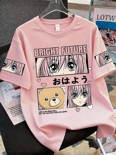 Teen GirlLoose T-Shirt, Anime Character, Bear & Heart Graphic On Pink Background, Versatile Casual Campus Style, Daily Wear Fashion