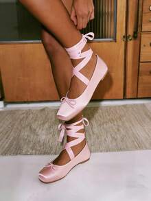 Ballet Flat Shoes Satin For Women Close Square Toe Bow Lace Up Ribbon Strappy Mary Jane Slingback Ballerina Pumps Lolita Party Wedding Prom Dress Cute Shoes - 淺粉色 - 查看 1