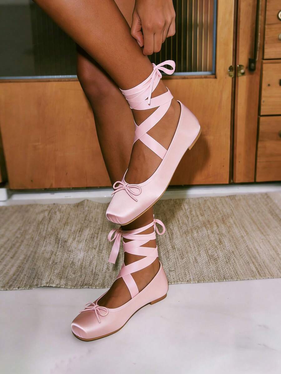Ballet Flat Shoes Satin For Women Close Square Toe Bow Lace Up Ribbon Strappy Mary Jane Slingback Ballerina Pumps Lolita Party Wedding Prom Dress Cute Shoes - 淺粉色 - 查看 1