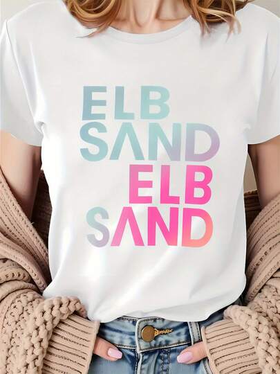 ELB Beach Gradient T-Shirt For Plus Size Women - Fashionable, Casual, And Sporty Style. White Top With Vibrant Print - Comfortable All-Season Short-Sleeved Top, Plus-Size Plus Size Women's Clothing. Summer