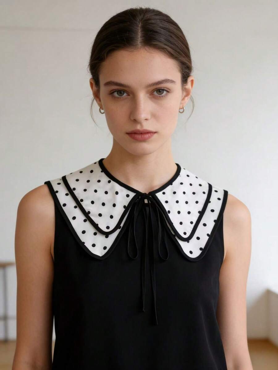 1 Pc Polka Dot Shawl Cape With Fake Collar, Summer Multifunctional Sun Protection With Skirt Bow Tie Strap - White - View 1