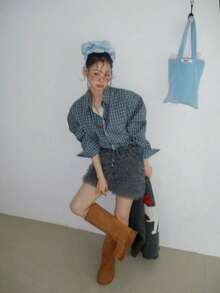 秋季新款小众格纹荷叶边下摆休闲复古拼接宽松长袖衬衫 春季 - 藍色 - 查看 8