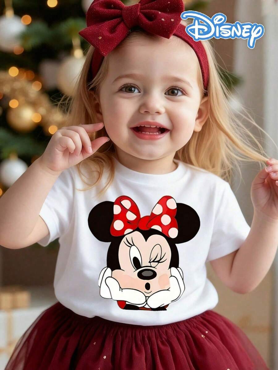 Disney White Background Minnie Mouse Red Polka Dot Bow Playful Winking Chin-Resting Print Kids' Short Sleeve T-Shirt - Sweet And Adorable Casual Top - White - View 1