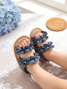 Dép xăng đan đế mềm mùa hè cho bé gái sơ sinh, giày bệt dự tiệc cưới, dép đi biển, giày chống trượt cho trẻ nhỏ với thiết kế bèo nhún dễ thương. - Màu xanh lam - Xem 12