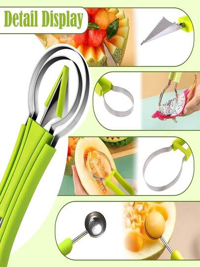 This 3-In-1 Stainless Steel Fruit Carving Tool Set Includes A Melon Baller, A Stainless Steel Fruit Baller, A Carving Knife, A Watermelon Seed Remover, An Ice Cream Scoop, And A Fruit Separator. It's Suitable For DIY Fruit Carving Of Watermelons And Various Other Fruits.
