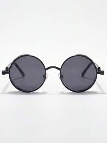 Moemton Men's Steampunk Round Fashion Glasses | Retro Double Bridge Metal Frame Gothic Y2K Streetwear Glasses Suitable For Party And Daily Wear - Black - View 4