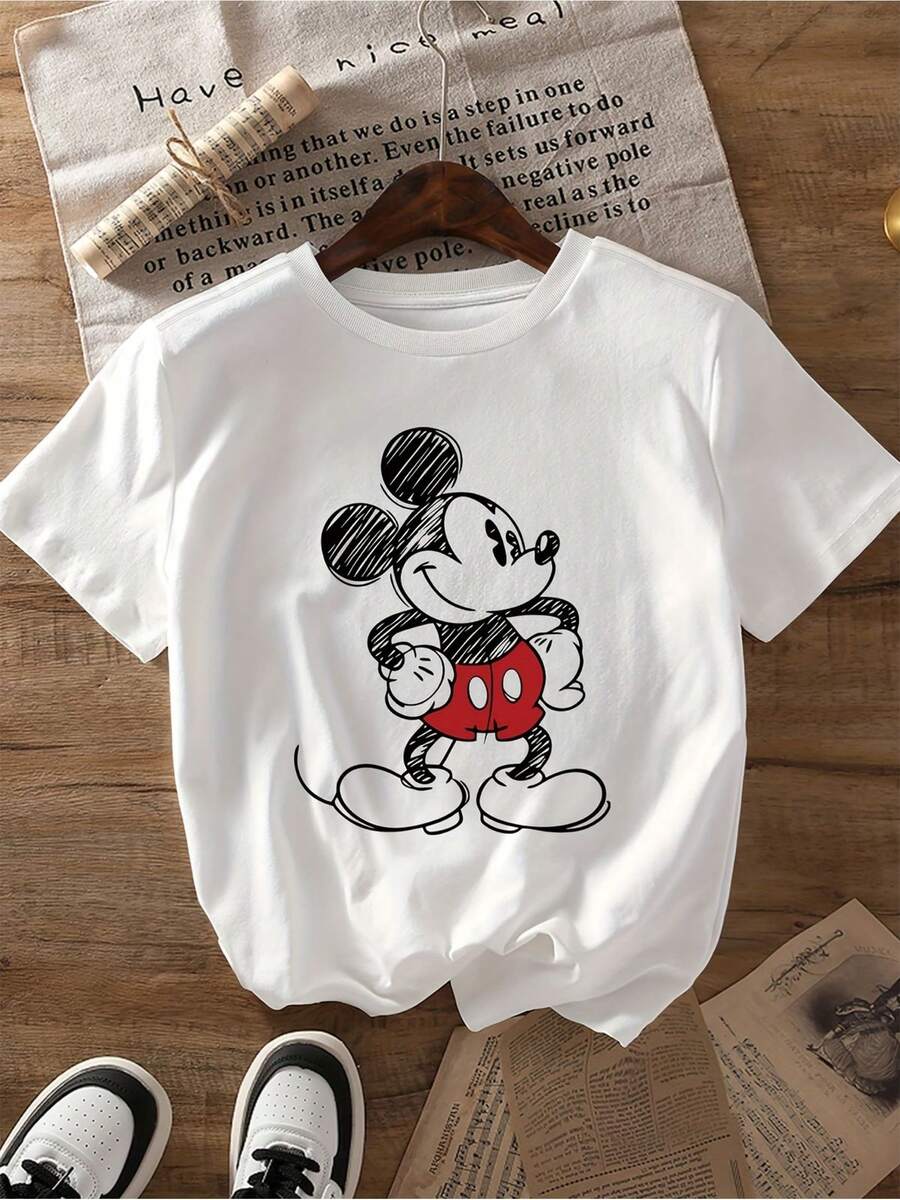 Licensed Disney T-Shirt Made Of Pure Cotton, Adorable Soft Crew Neck T-Shirt With Mickey Mouse Motif, Full Of Vibrant Design Details, A Disney Gift, The Fabric Is Durable And Easy To Care For, Suitable For Everyday Outings, Commuting And Other Occasions, Full Of Holiday Spirit. - 白色 - 查看 1