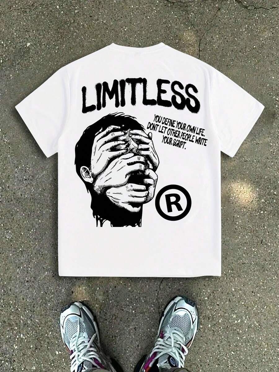 [New Products Arrive With Great Power] Men'S "Limitless" Graphic T-Shirt |   Bold "You Can't Stop Me" Design, Beige With Black Print, Casual Streetwear, Machine Washable, Short Sleeve, Round Neck, Summer Tee For Adults, Comfortable Fit  Vintage T Shirts,Graphic T Shirt - trắng - Xem 1