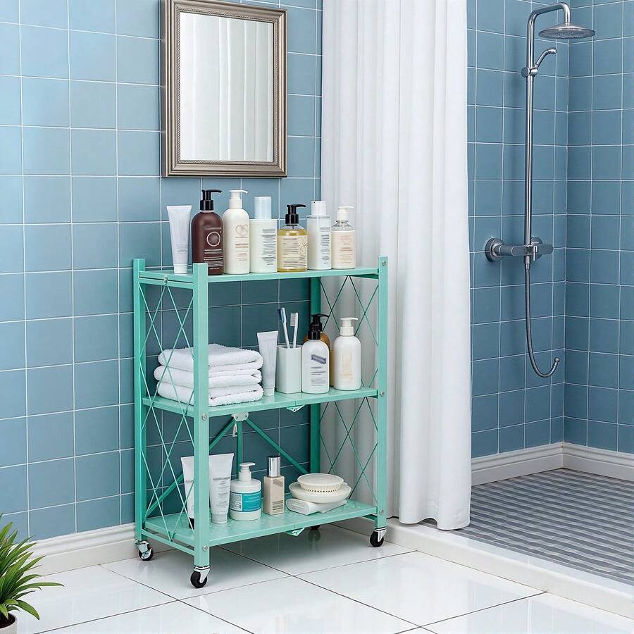 Upgraded Home 3-Tier Foldable Storage Shelf With Wheels ,Collapsible Shelving Unit,750 Lbs Large Capacity Storage Trolley,Display Metal Rack, Rolling Cart For Books,Kitchen Storage Shelves, Garage Storage,Pantry & Closet Organizer, Office Room,Decor,Bathroom(Black/White/Pink/Green),No Assembly - 查看 1